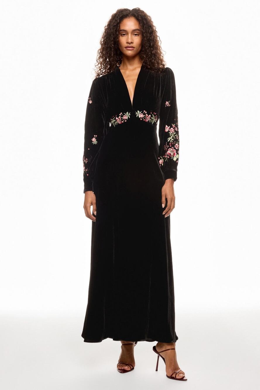 RIXO Black Floral Embroidered Velvet V-Neck Long Sleeve Gown Dress size US 2